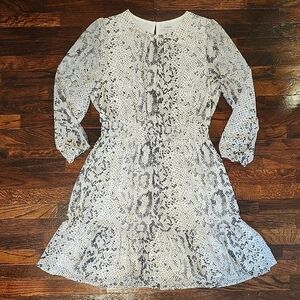 J. Crew Lined Grey and White Snake Print Ruffle Hem Dress With 3/4 Sleeves